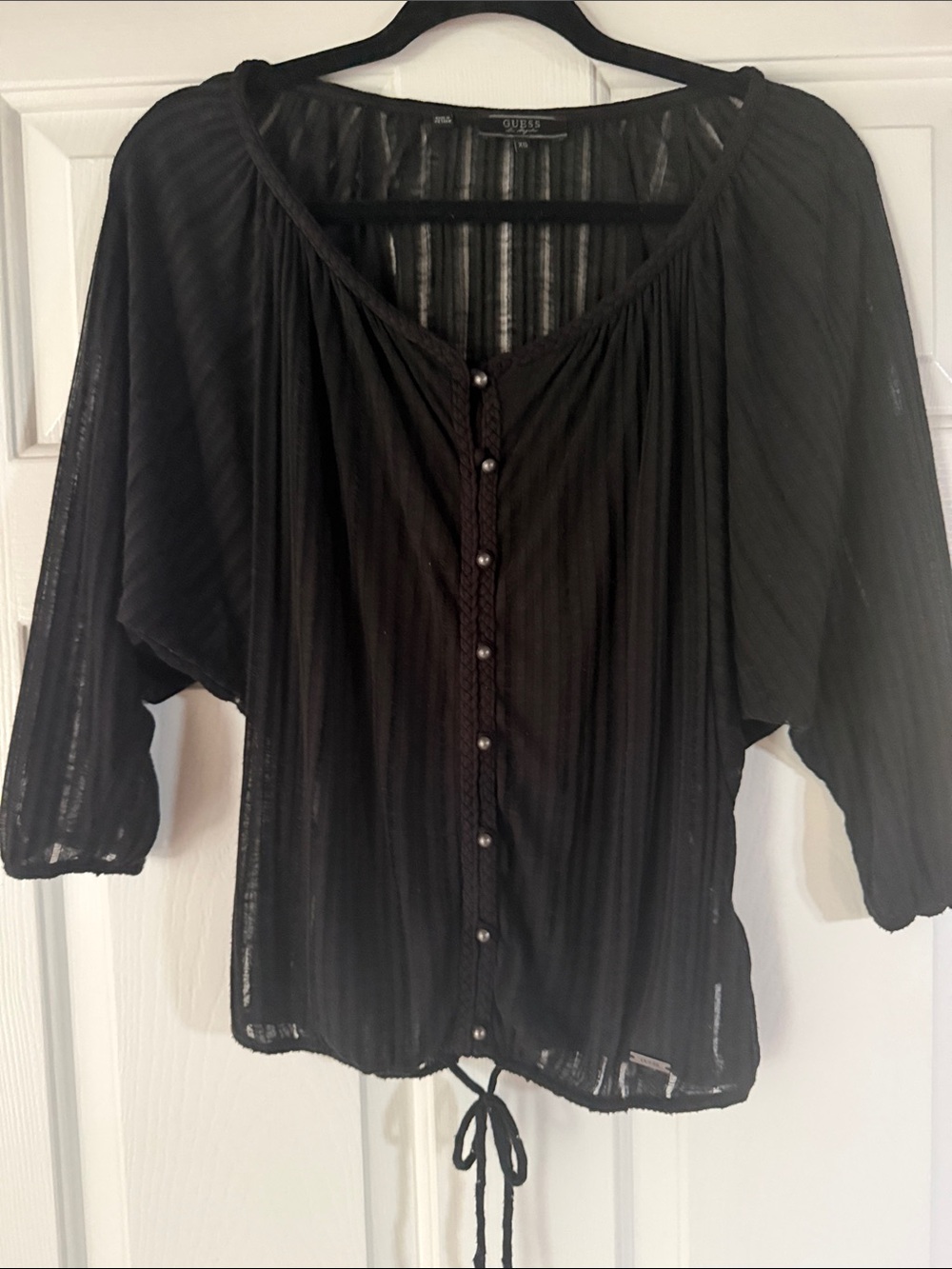 GUESS Black Sheer Button-Front Peasant Blouse